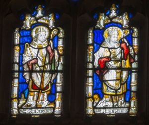stained glass window with saints.