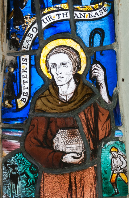 Detail of a stained glass window at Penmorfa of St Cybi.