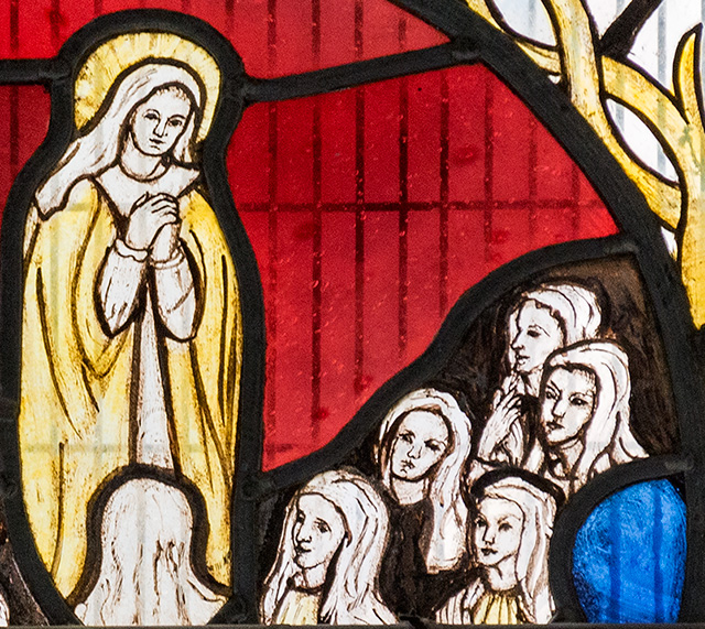 Detail of a stained glass window at Holywell.