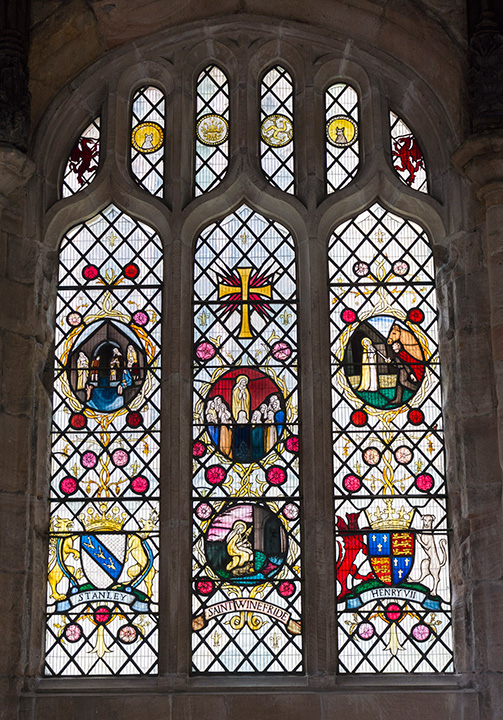 stained glass window at Holywell.