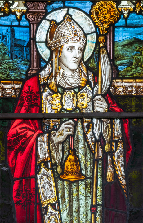 stained glass figure of St Teilo.